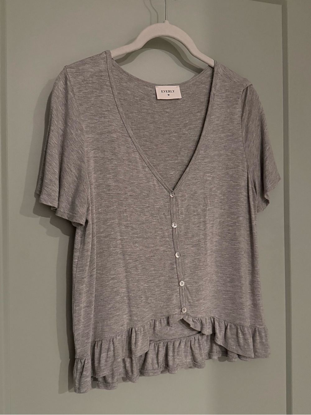 Everly Light Gray V-Neck Ruffle Hem Top